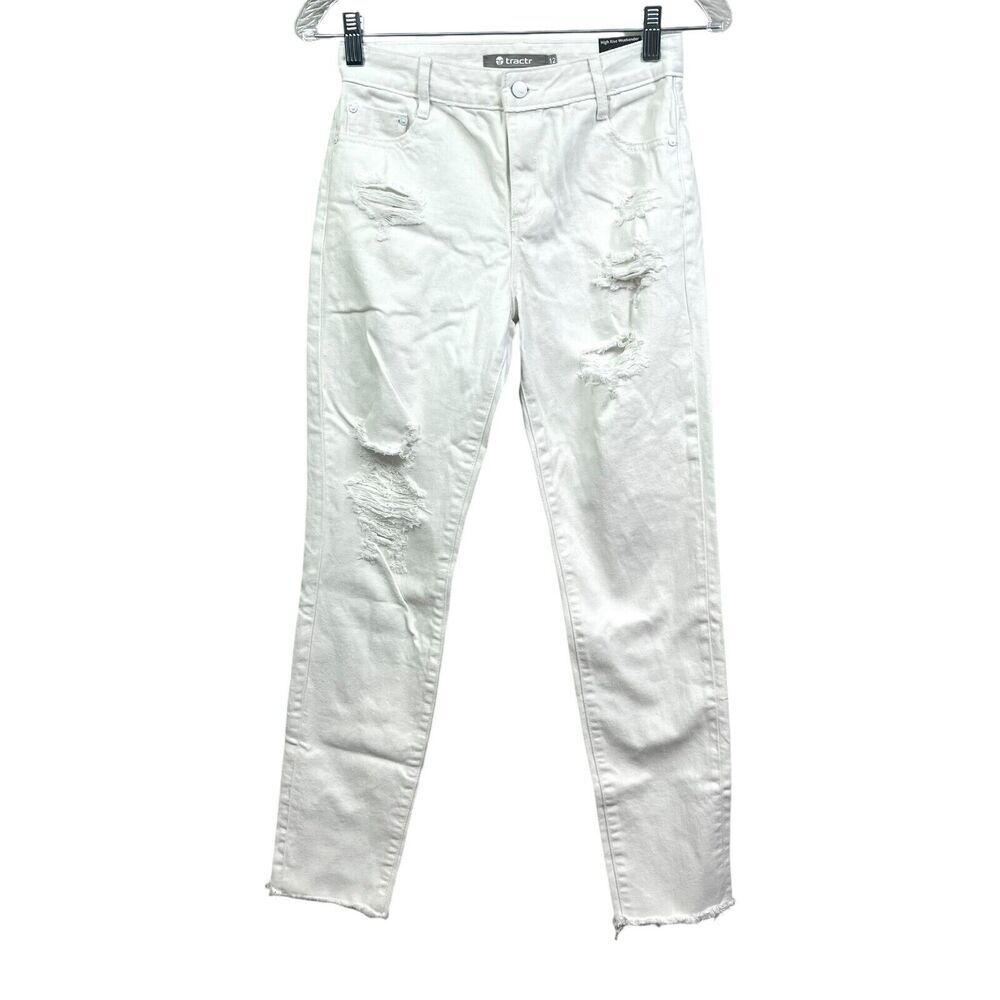 Tractr Womens Jeans Weekender Raw Hem Distressed Casual High Rise White Sz 12*